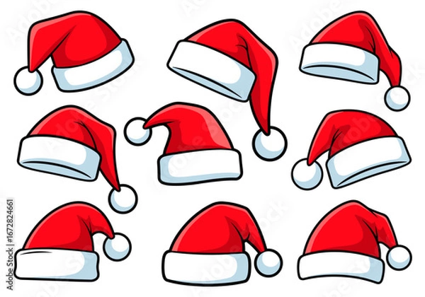 Obraz Set of Red and White Santa Claus Hats in Different Poses and Angles for Holiday Themes