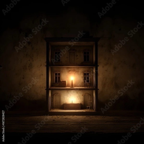 Obraz A Single Candle's Haunting Glow Illuminates the Desolate Halls of an Abandoned Dollhouse