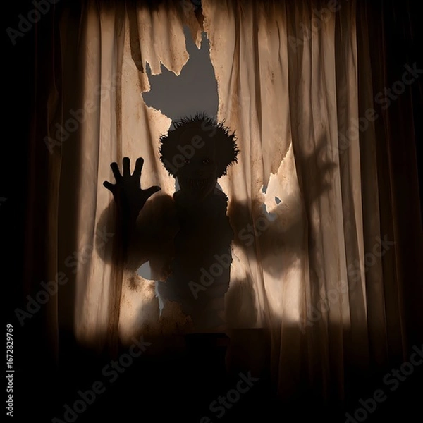 Obraz Terrifying Clown Silhouette with Glowing Eyes Behind a Torn Curtain