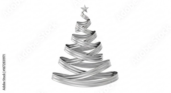 Fototapeta Elegant silver ribbon Christmas tree with a star on top isolated on a white background
