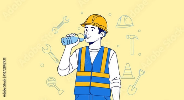 Fototapeta Hydration And Rest Concept For Construction Worker With Tools Around A Yellow Backdrop