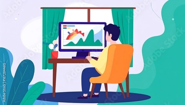 Fototapeta Man Working on Computer with Financial Charts at Home Office Desk.