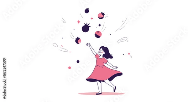 Fototapeta Joyful Girl Playing With Floating Berries Expresses Happiness and Fun in Cute Illustration