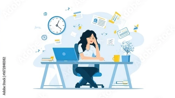 Obraz Tired businesswoman at desk overwhelmed by tasks