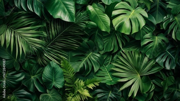 Fototapeta Jungle tropical foliage background. Green lush pattern texture card