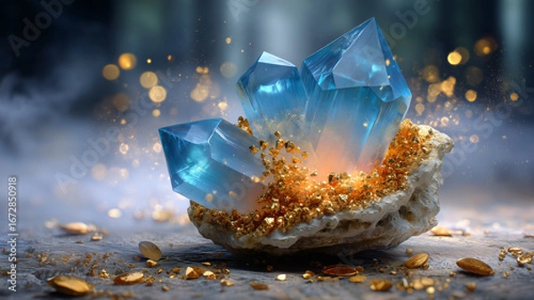 Fototapeta A stunning cluster of glowing blue crystals surrounded by golden dust, radiating magical light and mystic energy in a fantasy-inspired setting.