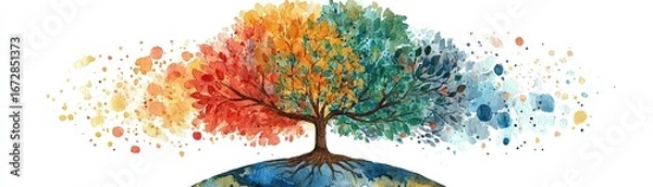 Fototapeta A vibrant, artistic depiction of a tree with colorful leaves, symbolizing nature's beauty and diversity.