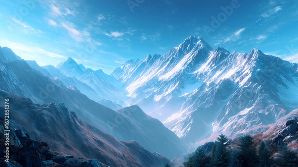 Fototapeta Majestic snow-covered peaks rise under a clear blue sky, showcasing the breathtaking beauty and serenity of a winter mountain landscape.