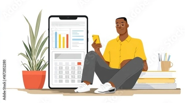 Obraz Man sitting, using phone, surrounded by work tools