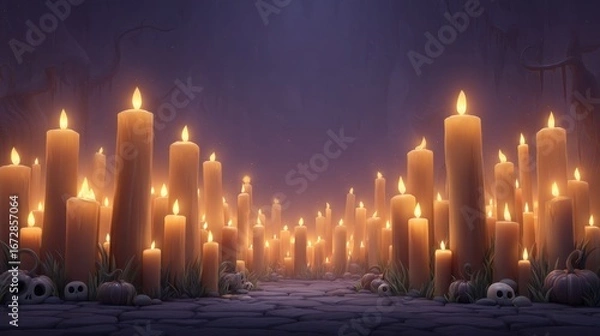 Fototapeta Mysterious Candlelit Pathway Surrounded by Skulls and Pumpkins in Dark Enchanting Forest