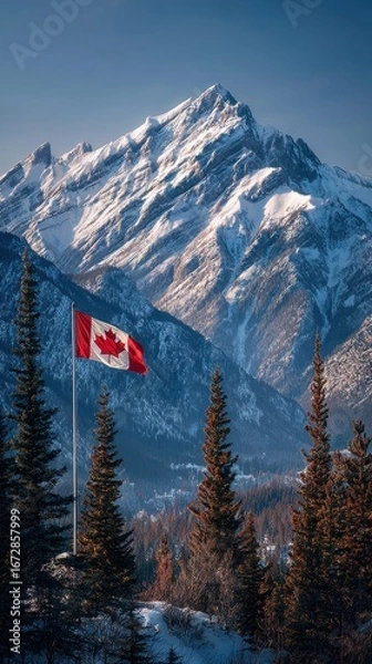 Fototapeta Majestic snow-capped mountains rise behind a waving Canadian flag under a clear blue sky in winter