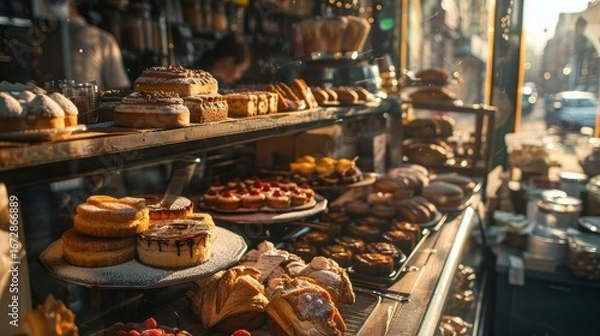 Fototapeta Bakery display filled with assorted pastries and cakes during mo