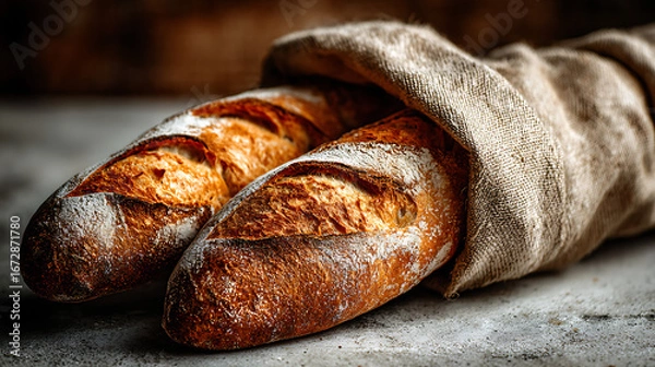 Fototapeta Two fresh, crusty artisan baguettes with a golden-brown crust, wrapped together in a rustic linen cloth on a stone surface for a traditional bakery scene.
