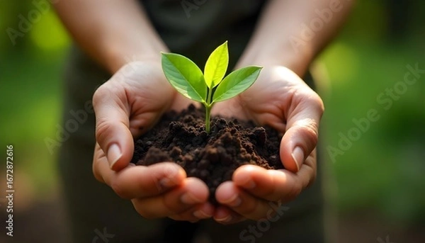 Fototapeta Hands gently holding a small plant with soil, symbolizing gardening and the importance of soil health and conservation