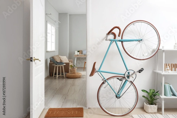 Fototapeta Modern bicycle near open door in hallway interior