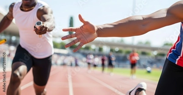 Obraz A runner passes the baton to a teammate during a relay race on an outdoor track at a stadium