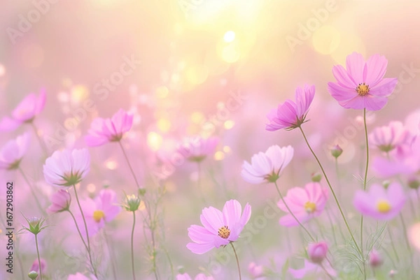 Obraz 柔らかな光に包まれたピンクのコスモス畑