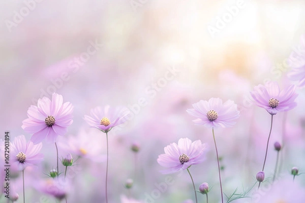 Obraz 柔らかな光に包まれた薄紫色のコスモス畑
