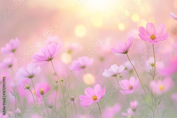 Obraz 柔らかな光に包まれたピンクのコスモス畑
