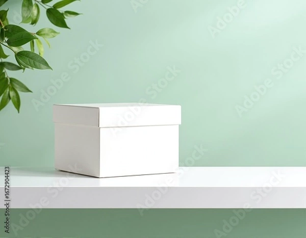 Fototapeta A pristine white box rests elegantly atop a polished wooden table, its smooth surface reflecting soft light, creating a serene and minimalist atmosphere.