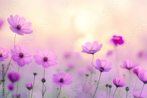 Obraz 柔らかな光に包まれたピンクのコスモス畑