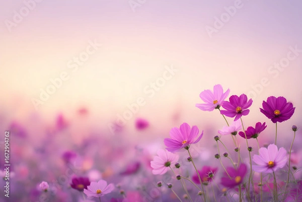 Obraz 柔らかな光に包まれたピンクのコスモス畑