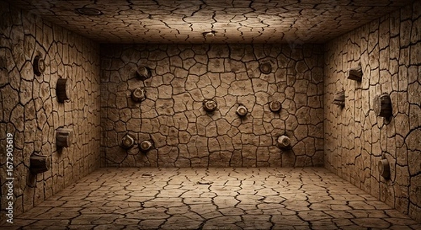 Fototapeta Empty square room with cracked dry oak texture oak stumps on wall