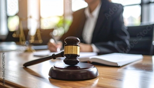Fototapeta Close-up of a wooden judge's hammer resting on a court desk, with a writing lawyer in the blurry background