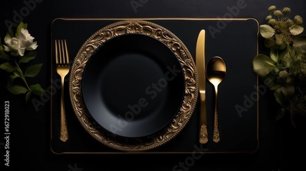Fototapeta A black and gold place setting with a white background, featuring a gold fork, knife, and spoon, and a black plate with gold trim.