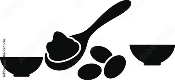 Obraz Silhouette of a spoon with creamy substance and three small bowls