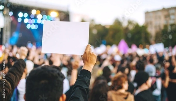 Fototapeta Protestors holding blank signs at a rally with a stage and lights in the background.