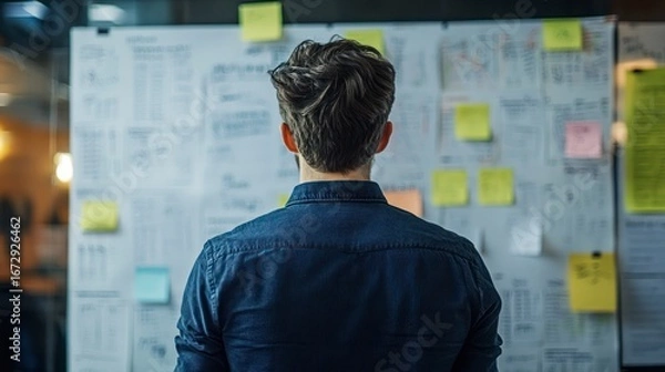 Fototapeta Man reviews project plans, analyzing notes and sticky notes on a large whiteboard.