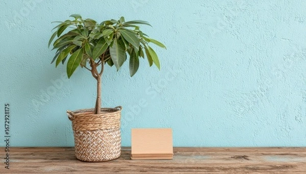Obraz Potted plant and blank notepad on wooden surface against a blue wall