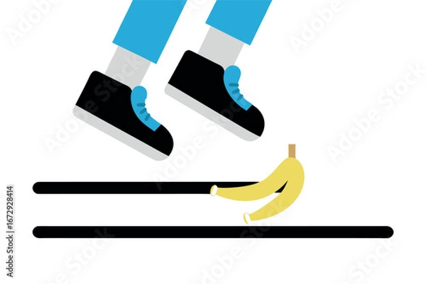 Fototapeta Person stepping over a banana peel on a path slip fall