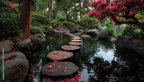Fototapeta Serene stepping stones across a dark pond, flanked by lush greenery and flowering trees
