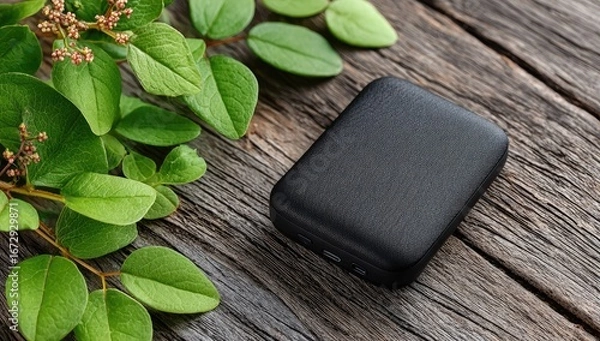 Obraz Black portable charger rests on rustic wood, flanked by green foliage