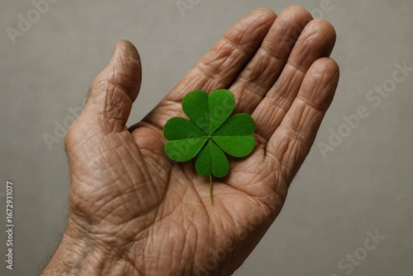Obraz Elderly hand gently holding fresh four leaf clover symbolizing luck, nature, hope, and positive fortune on neutral background