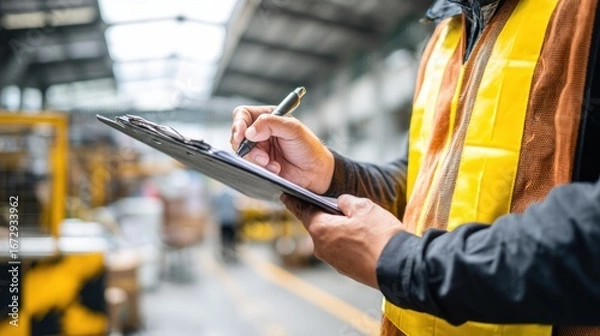 Obraz Worker filling out checklist in warehouse