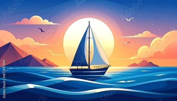 Fototapeta Sailboat on the ocean at sunset with dramatic clouds and mountains.
