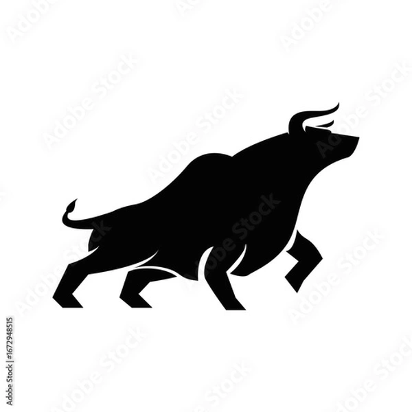 Fototapeta Dynamic Black Bull Silhouette with Horns Isolated on White Background