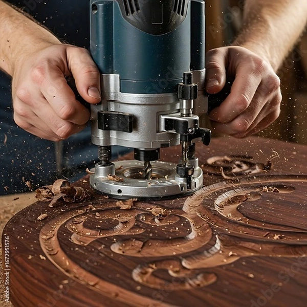 Fototapeta  a power router tool in use, carving an intricate design into a dark piece of wood, generating wood shavings. Focus is on the tool and the intricate detail.