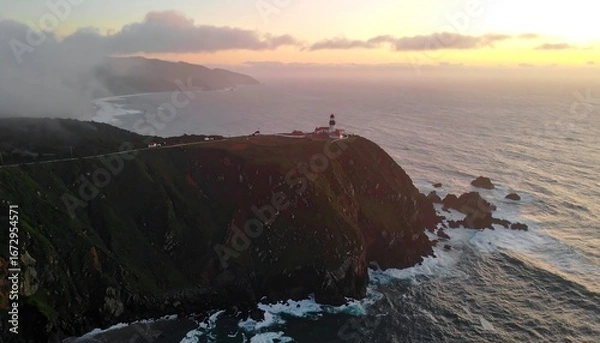 Fototapeta Scenic coastal cliff with lighthouse at sunset.