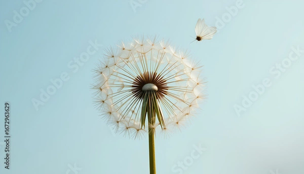Fototapeta A close-up view of a dandelion seed flying off against a tranquil blue sky, evoking a sense of serenity, lightness, and the beauty of nature and freedom.