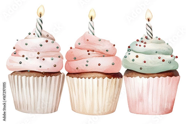Obraz Watercolor cupcakes with candles and sprinkles on transparent background