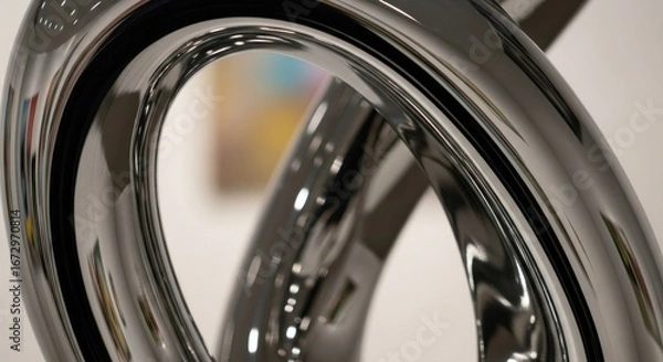 Fototapeta Close-up of polished, dark-grey metal, twisting, tubular forms, with reflections, abstract art