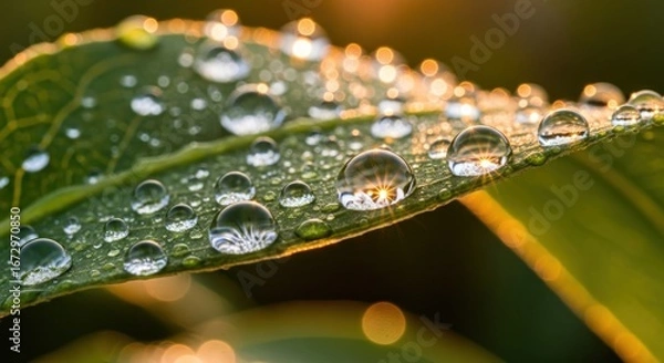 Fototapeta Close-up of a leaf covered in dew drops, reflecting sunlight