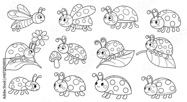 Fototapeta Adorable Cartoon Ladybugs and Insects Outline for Coloring Book on Isolated White Background