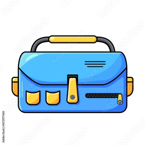 Fototapeta Vector illustration of a blue office bag with yellow details. Perfect for concepts related to work, business, corporate lifestyle, office supplies, education, travel, and professional accessories.