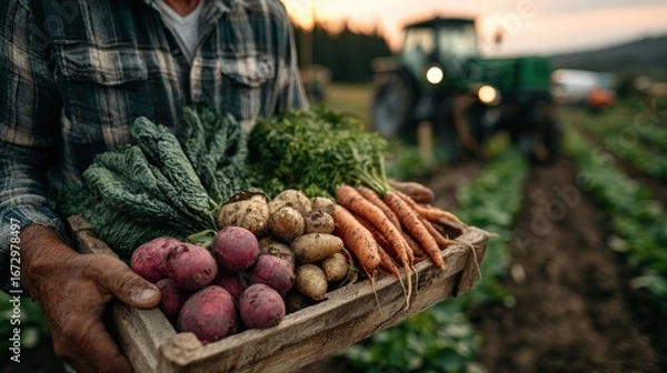 Fototapeta A farmer proudly holding a wooden crate filled with freshly harvested vegetables, showcasing the bounty of the field, the tractor is in the background.
