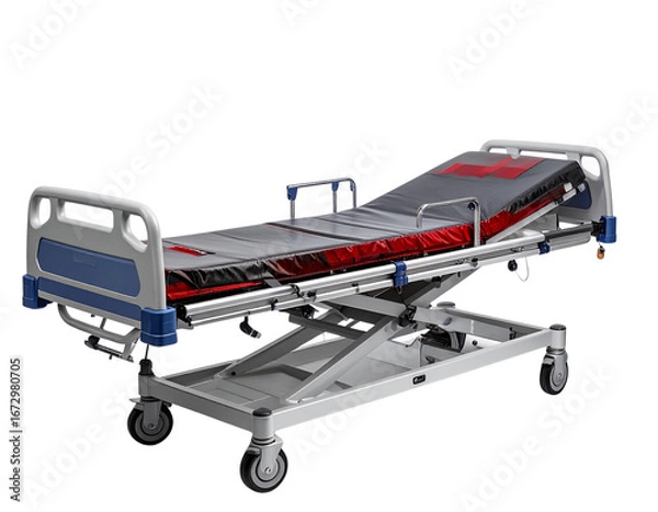 Fototapeta Angled Emergency Stretcher with ECG Line Overlay, Medical Infographic Style, Isolated PNG